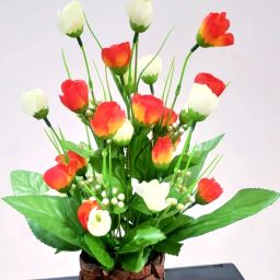 1tulip Beautiful Flower bunch with wood coconut pot Orange, White Rose Artificial Flowerwith Pot-18