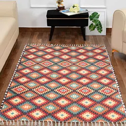 HOMADORN Beige & Red Ethnic Motifs Rectangular Printed Floor Dhurries-12