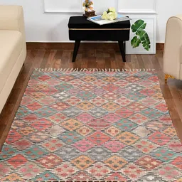 HOMADORN Orange Pink Geometric No Shredding Handmade Rectangular Floor Dhurries-16