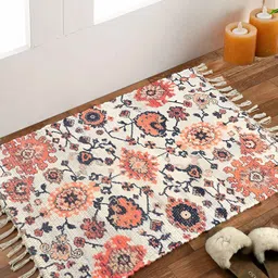 HOMADORN Cream& Blue Rectangular Ethnic Motifs Floor Dhurries-4