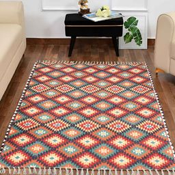 HOMADORN Beige & Red Geometric Rectangular Printed Floor Dhurries-11