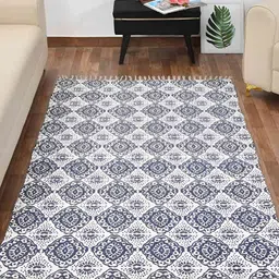 HOMADORN Blue White Ethnic Motifs No Shredding Handmade Rectangular Floor Dhurries-42