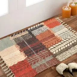 HOMADORN Beige& Orange Rectangular Striped Floor Dhurries-16