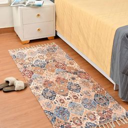 HOMADORN Beige Blue Ethnic Motifs No Shredding Handmade Rectangular Floor Dhurries-56