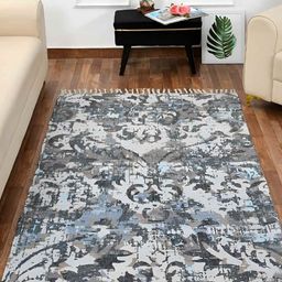 HOMADORN Grey &Blue Rectangular Ethnic Motifs Floor Dhurries-24