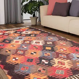 HOMADORN Orange & Red Geometric Rectangular Printed Floor Dhurries-18