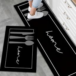HomeCloud Black & Grey 2 Pieces Graphic Anti Skid Kitchen Mats-image-31