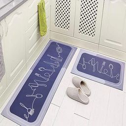 HomeCloud 2-Pcs Blue & White Abstract Printed Non-Skid & Soft Absorbent Rubber Kitchen Mat-16