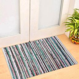 Oxolloxo Green & Grey Striped Woven Design Rectangle Floor Mats & Dhurries-1