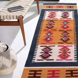 Budhrajrugs Yellow & Red Geometric Printed Rectangular Reversible Dhurrie-36