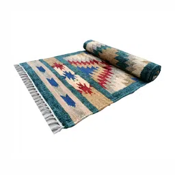 Budhrajrugs Beige & Blue Geometric Printed Rectangular Reversible Dhurrie image 4