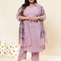 Sringam Plus Size Striped Straight Kurta with Trousers & With Dupatta image 5