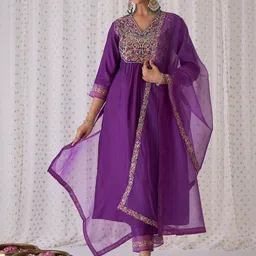 Indo Era Floral Embroidered Pleated Zari Liva Anarkali Kurta With Trousers & Dupatta image 1