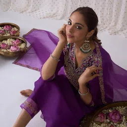 Indo Era Floral Embroidered Pleated Zari Liva Anarkali Kurta With Trousers & Dupatta image 2