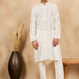 HERE&NOW White Floral Embroidered Mandarin Collar Straight Kurta-image-14
