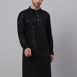 Jompers Men Black Floral Embroidered Sequined Cotton Kurta-picture-56