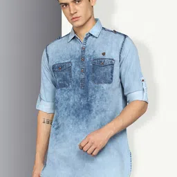 Kuons Avenue Dyed Shirt Collar Denim Pathani Short Kurta-picture-35