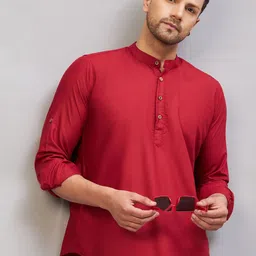 VASTRAMAY Band Collar Roll-Up Sleeves Cotton Straight Kurta-picture-46