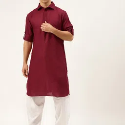 ATRAENTA Cotton Curved Shirt Collar Roll-Up Sleeves Pathani Kurta-12
