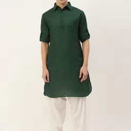 ATRAENTA Cotton Curved Shirt Collar Roll-Up Sleeves Pathani Kurta-11