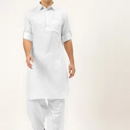 ATRAENTA Cotton Curved Shirt Collar Roll-Up Sleeves Pathani Kurta-13