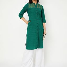max Geometric Woven Design High Slit Mandarin Collar Embroidered Straight Kurta-69