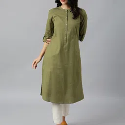 W Green Mandarin Collar Cotton A-line Kurta-image-73