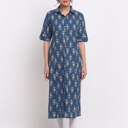 KALINI Ethnic Motifs Printed Shirt Collar Roll-Up Sleeves Cotton Straight Kurta-27