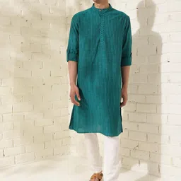 Fabindia Striped Band Collar Long Sleeves Straight Kurta-image-20