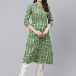 AURELIA Women Green & White Pure Cotton Checked Front Slit A-Line Kurta-image-93