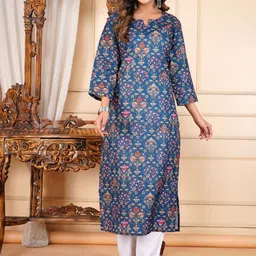 GUDWEARS Floral Printed Notch Neck Cotton Straight Kurta-41