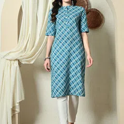 Cayman Mandarin Collar Short Sleeves Geometric Printed  Pure Cotton Straight Kurta-image-38
