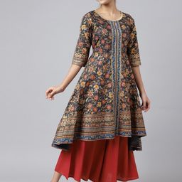 Aurelia Women Grey Floral Print Poly Shantung Straight Kurta-image-14