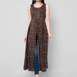 KALINI Women Brown & Black Abstract Print A-Line Kurta-33