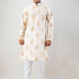 Firangi Yarn Men Off White & Beige Paisley Printed Pastels Kurta-picture-33
