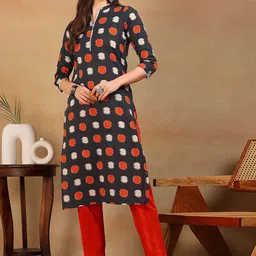 KALINI Geometric Printed Mandarin Collar Pure Cotton Straight Kurta-image-35