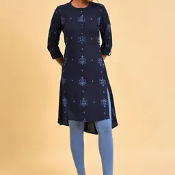 W Navy Blue Ethnic Motifs Printed A-Line Kurta-picture-12