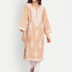 Indiankala4u Notched Neck Floral Printed Thread Work Pure Cotton Chikanakri Kurta-picture-16