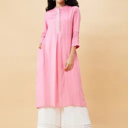 Globus Pink Striped Thread Work Mandarin Collar Kurta-image-33