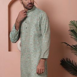 Anouk Green Ethnic Motifs  Self Design  Band Collar Zari Jacquard Cotton Silk Kurta-54
