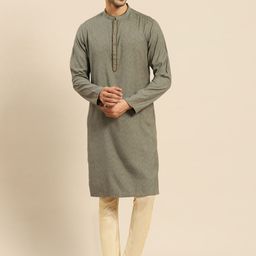 Amodh by Kisah Men Olive Green Jacquard Kurta-picture-25