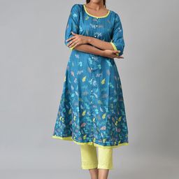 AURELIA Women Blue & Yellow Floral Printed Anarkali Kurta-image-59