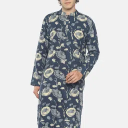 PAROKSH Men Blue Abstract Printed Thread Work Straight Long Cotton Kurta-picture-25