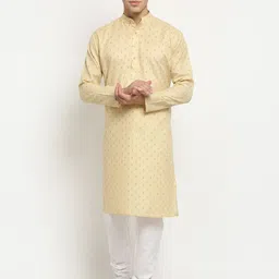 NEUDIS Men Beige & Gold-Toned Geometric Printed Handloom Kurta-image-62