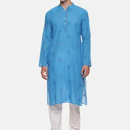 PAROKSH Men Blue Indie Prints Handloom Cotton Kurta-picture-20