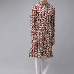 See Designs Men Beige & Red Geometric Printed Pure Cotton Kurta-10