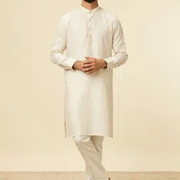 Manyavar Striped Band Collar Linen Straight Kurta-image-74