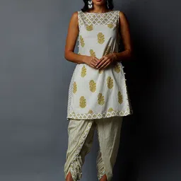 Indian Dobby Women White & Yellow Ethnic Motifs Printed Block Print Pure Cotton Kurta-picture-12