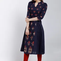 Vishudh Women Navy Blue And Red Floral Print A-Line Kurta-34