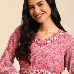 SHOWOFF Women Pink Paisley Belted Detail Kurta-image-53